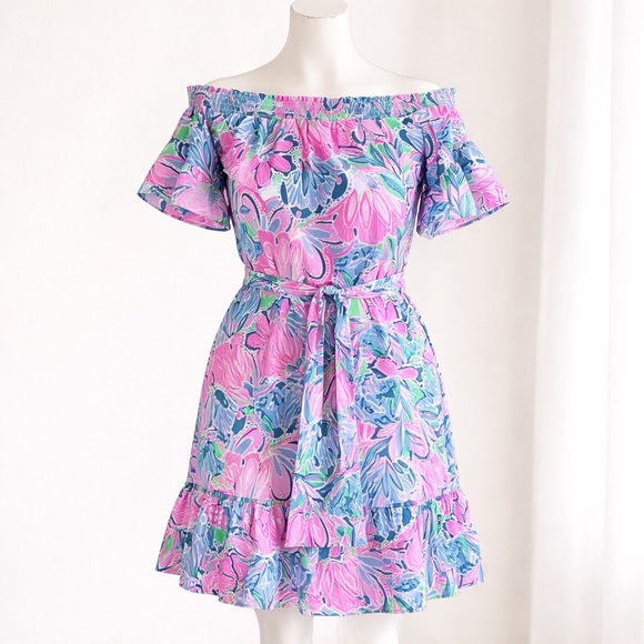 Lilly Pulitzer Dresses & Skirts - Lilly Pulitzer Off Shoulder Floral Ruffle Mini Dress Pink Blue Belted Size S